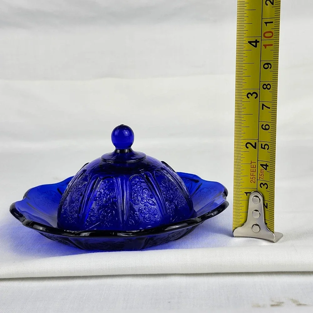 VTG Butter/Cheese Dish Cobalt Blue Glass Cherry Blossom Embossed Scalloped Edge